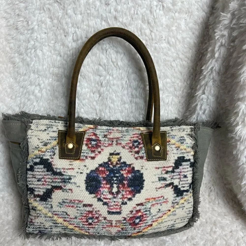 Myra Bag gray denim & Aztec prints multi color shoulder bag leather brown straps
